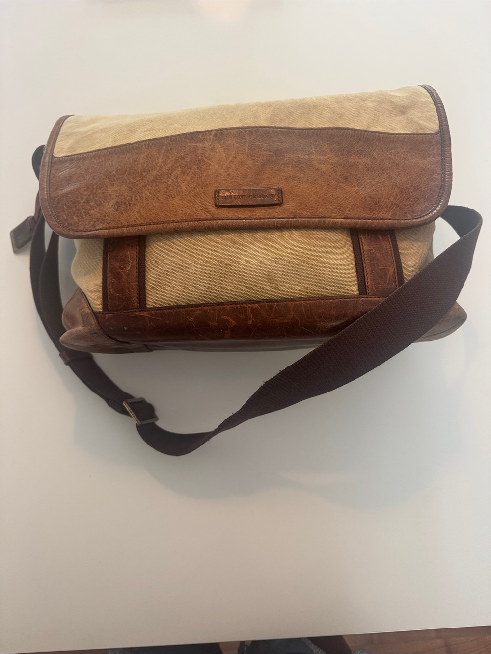 Frye Tan Canvas and Brown Leather Messenger Bag
